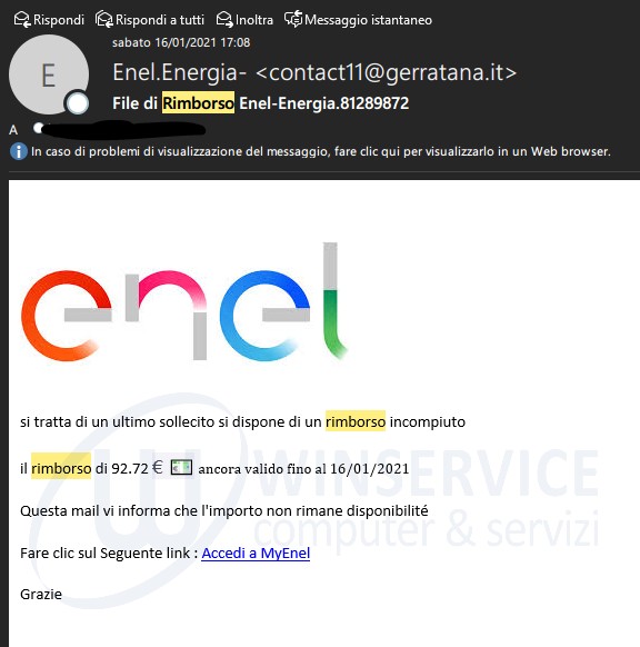 Email truffa Enel - credits Winservice